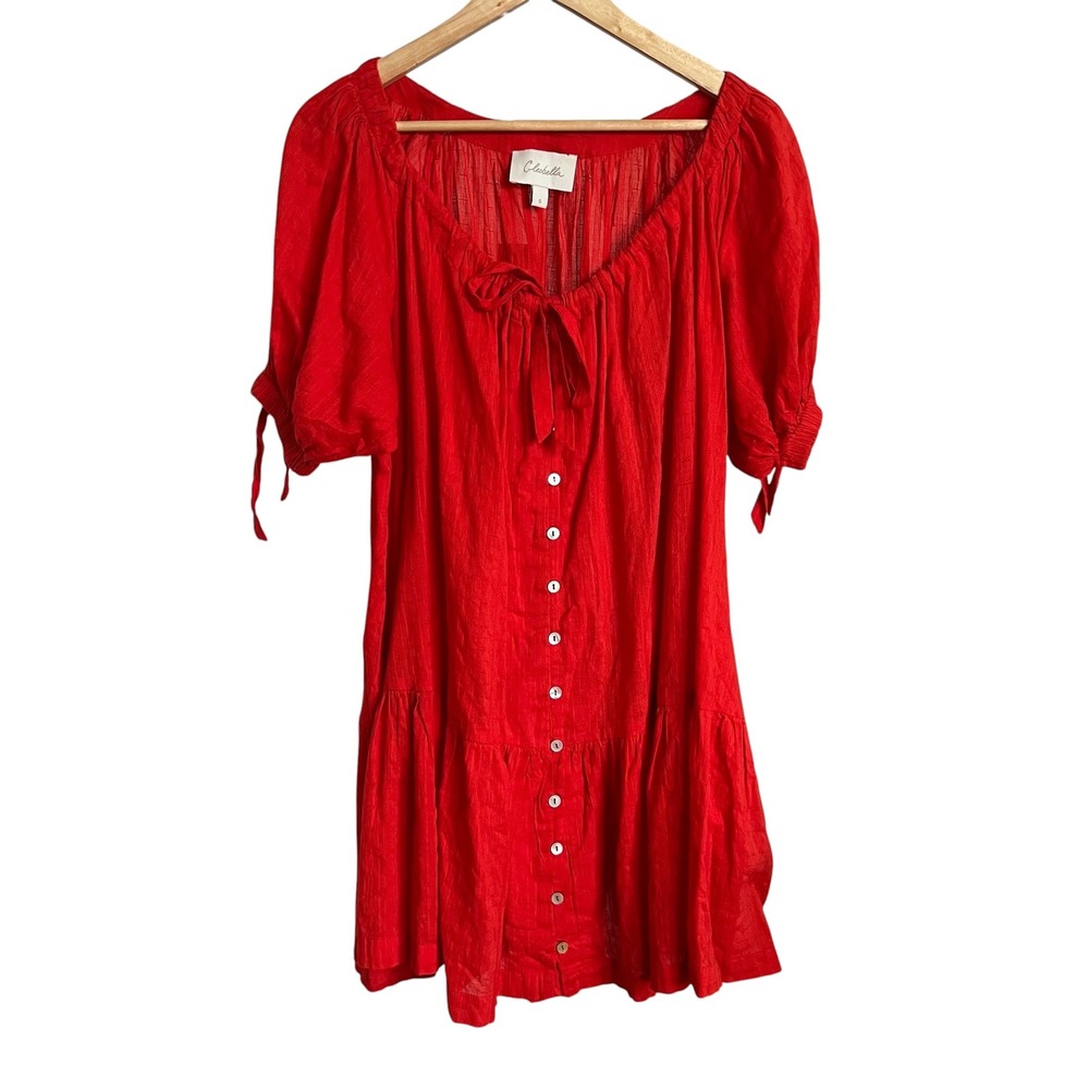 Cleobella Red 100% Cotton Puff Sleeve Flowy Mini Dress Pockets SZ S Romantic